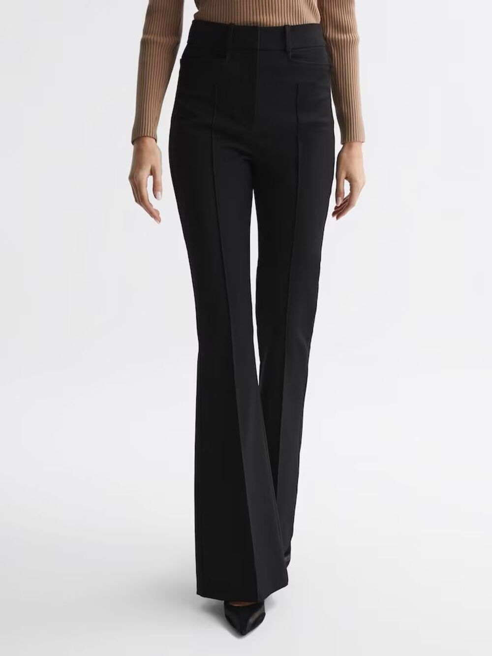 REISS Black Dylan High Rise Flare Trousers Womens 10 Flat Front Zip Work Pants